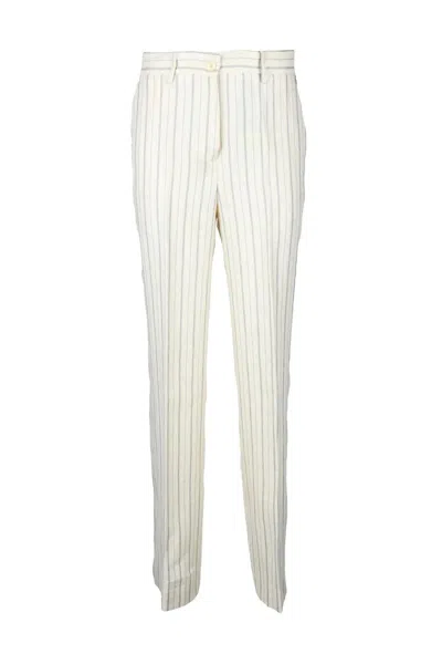Twinset Tailored Beige Linen-cotton Trousers With Vertical Stripes In White