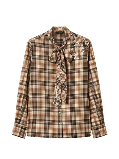 Twinset Tartan Flannel Shirt With Embroidery In Brown