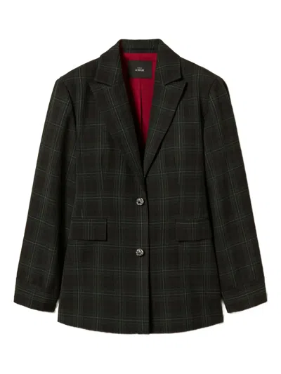 Twinset Tartan Knot-detail Buttons Blazer In Gray