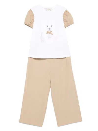 Twinset Kids' Teddy Bear-print Trousers Set In Brown