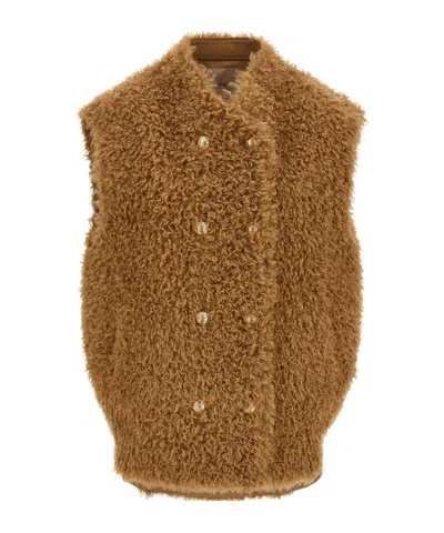 Twinset Teddy Double-breasted Vest Coat In Brown