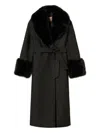 Twinset Textured Black Coat With Fur Trim In Black