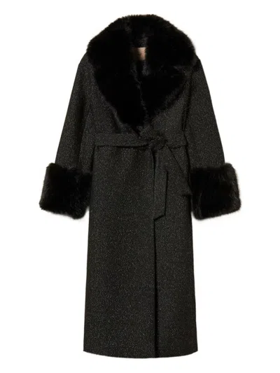 TWINSET TEXTURED BLACK COAT WITH FUR TRIM
