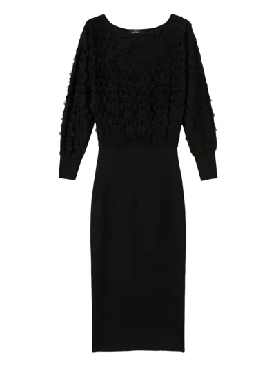 Twinset Textured-fringe Midi Dress In Black