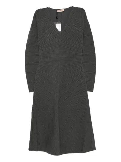 Twinset Textured-knit V-neck Mini Dress In Gray
