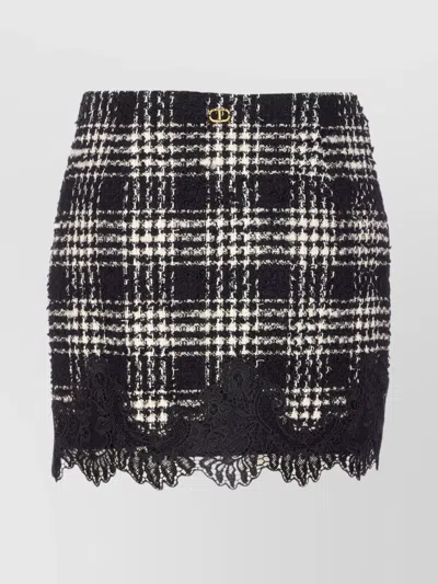 Twinset Textured Plaid Skirt With Embroidery And Lace In Black