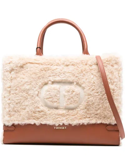 Twinset Textured White Shoulder Bag With Leather Base In Brown