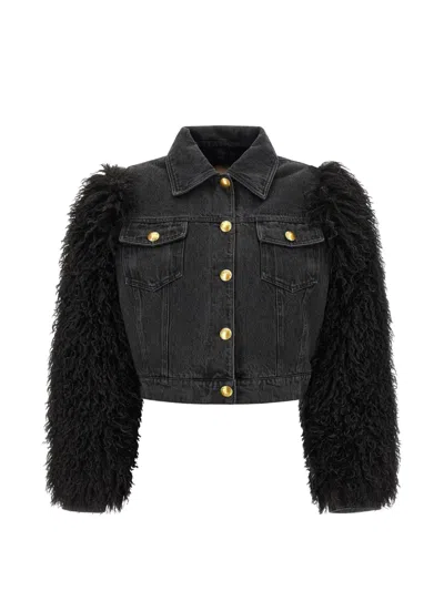 Twinset Denim Jacket With Shearling Sleeve Trim In Black