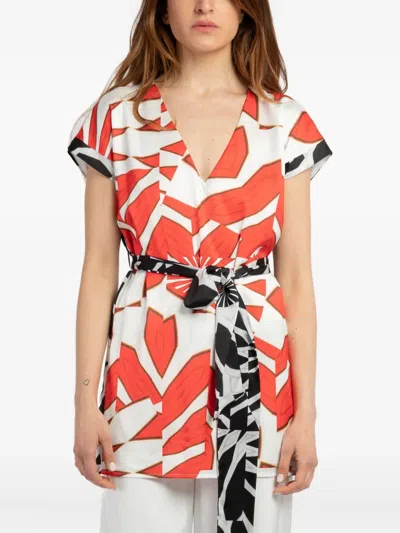 Twinset Tie-belt V-neck Short-sleeve Blouse In Red