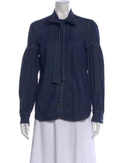 Pre-owned Twinset Tie Neck Long Sleeve Blouse In Blue