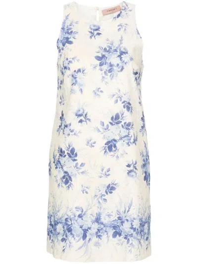 Twinset Floral-print Mini Dress In Blue