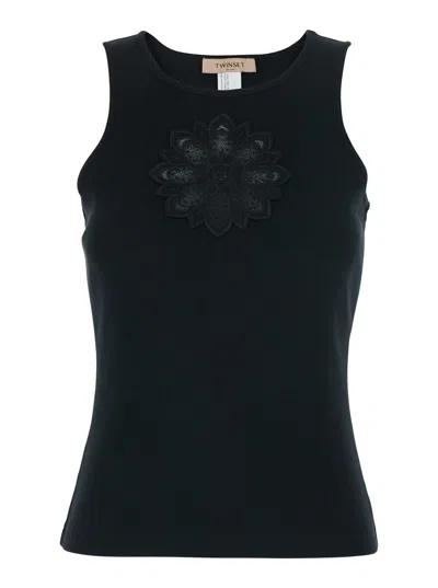 Twinset Tone-on-tone Floral Embroidery Tank Top In Black