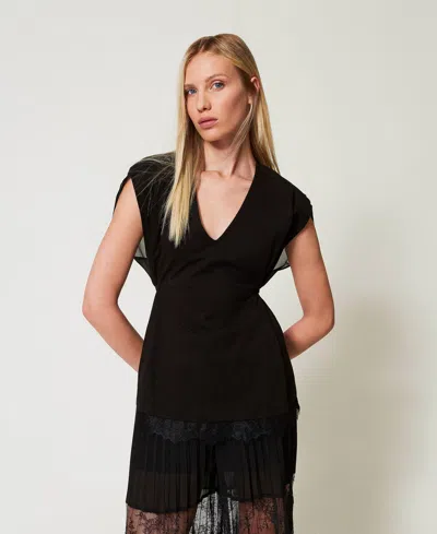 Twinset Top Avec Dentelle Et Plis In Black