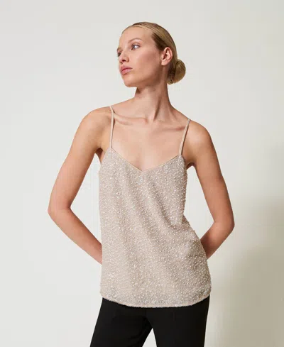 Twinset Top Avec Sequins Et Perles In Brown