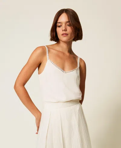 Twinset Top En Crêpe De Chine De Soie Mélangée In White