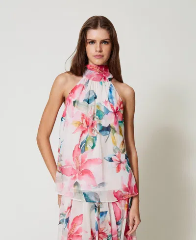 Twinset Top En Crêpe Georgette Avec Imprimé Floral In White