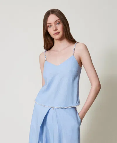 Twinset Top En Lin Mélangé Avec Perles In Blue