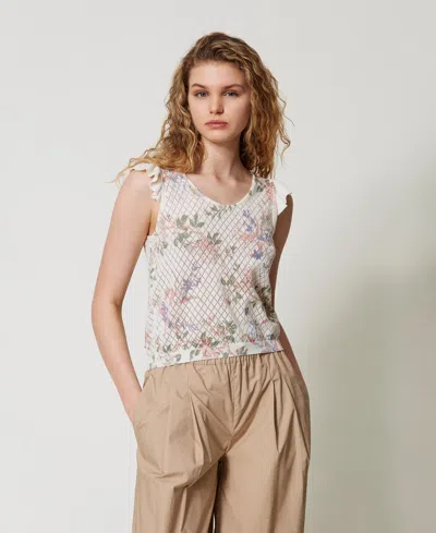 Twinset Top En Maille Florale Avec Volant In Brown