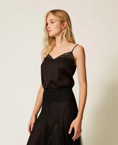 Twinset Top En Satin Avec Dentelle In Black