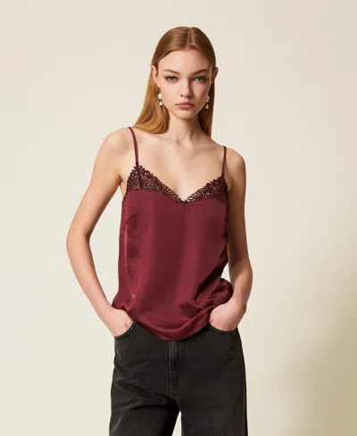 Twinset Top En Satin Avec Dentelle In Burgundy