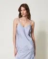 Twinset Top Long En Satin Et Dentelle In Blue
