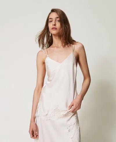 Twinset Top Long En Satin Et Dentelle In White