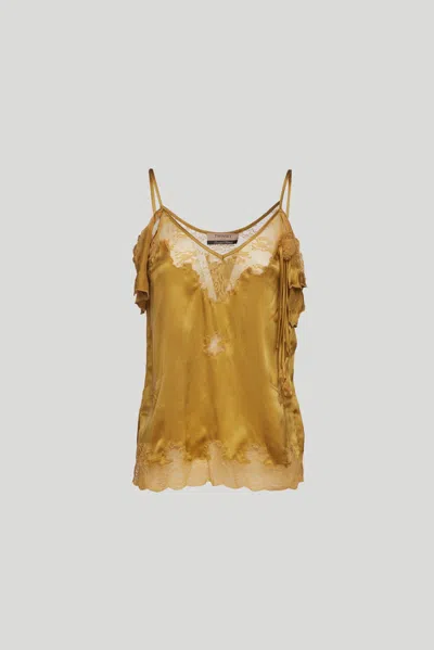 Twinset Top Ocra Velluto E Pizzo In Arancione