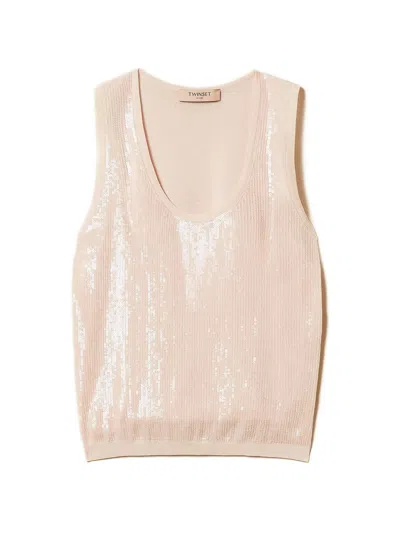 Twinset Neutral Top Scoop Neck Knit Top In Pink