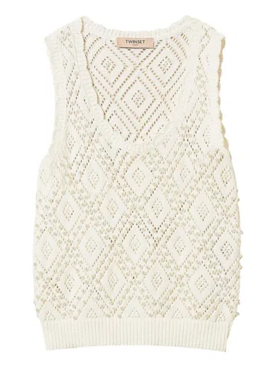 Twinset Openwork Knit Top With Pearl Embellishments In Neutral