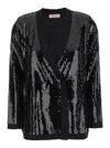 Twinset Black Double-breasted Cardigan With Sequins All-over In Technical Fabric Woman In Black