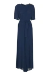 Twinset Twin-set Navy Blue Fully Pleated Maxi Dress In Blue