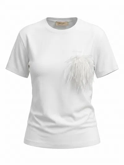 Twinset Feather-embellished T-shirt In White