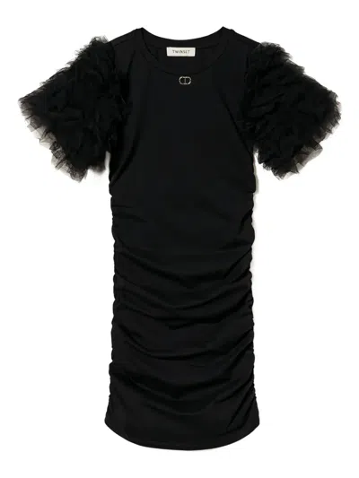 Twinset Kids' Tulle Draped Short Dress In Black