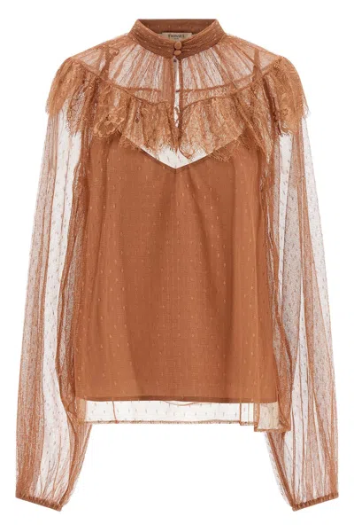 Twinset Tulle Plumetis Blouse In Brown