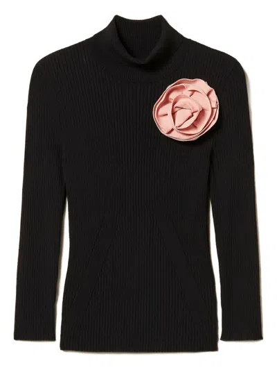 Twinset Turtle-neck Brooch Sweater In Black