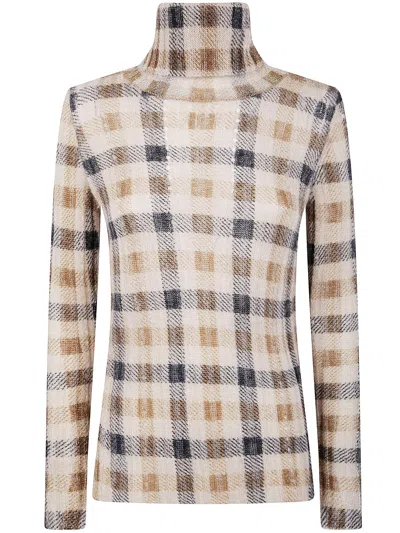 TWINSET TURTLE NECK SWEATER PRINT,252TT3490 13042 CHECK PRINT CAMEL BLACK