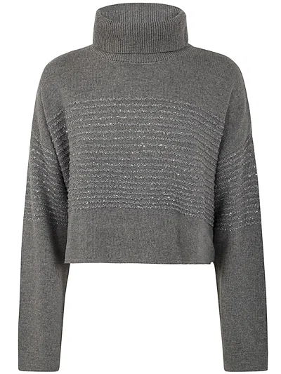 Twinset Sequined-stripes Roll-neck Jumper In Grey