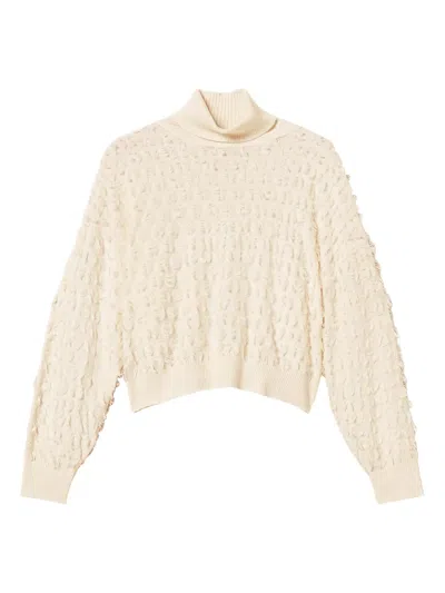 Twinset Twin-set Textured Knit Sweater With High Neckline And Oversized Sleeves In Neutral