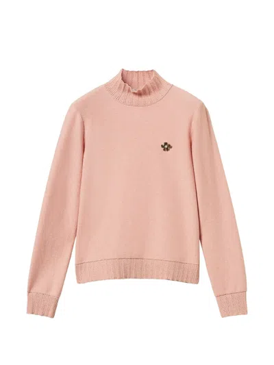 Twinset High-neck Knit Sweater With Brooch In Pink