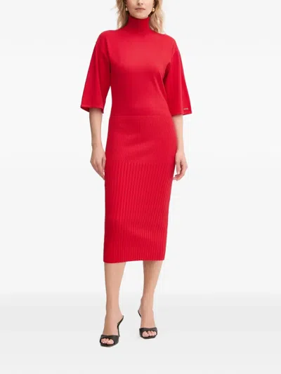 Twinset Turtleneck Quarter-sleeve Midi Dress In Red