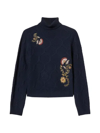 Twinset Turtleneck Wool Jumper With Floral Embroidery In Blue