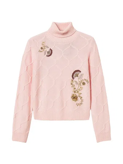 Twinset Turtleneck Wool Jumper With Floral Embroidery In Pink