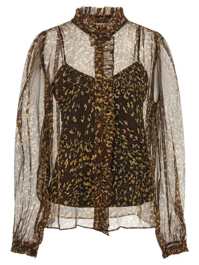 Twinset Twin Set Animal-print Silk Creponne Blouse In Brown