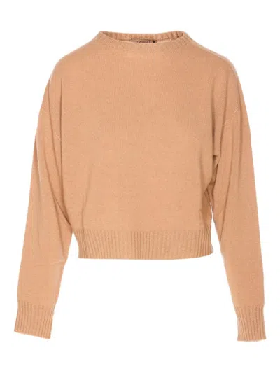 TWINSET TWIN-SET BEIGE CREW NECK SWEATER IN SOFT WOOL-CASHMERE BLEND