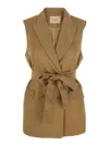 Twinset Beige Double-breasted Vest With Peak Revers And Adjustable Belt In Viscose Blend Woman