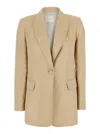 Twinset Beige Jacket With Classic Lapels And Metallic Logo On The Back In Linen Blend Woman In Neutrals