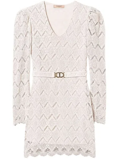 Twinset Twin-set Beige Lace Mini Dress With Scalloped Hem