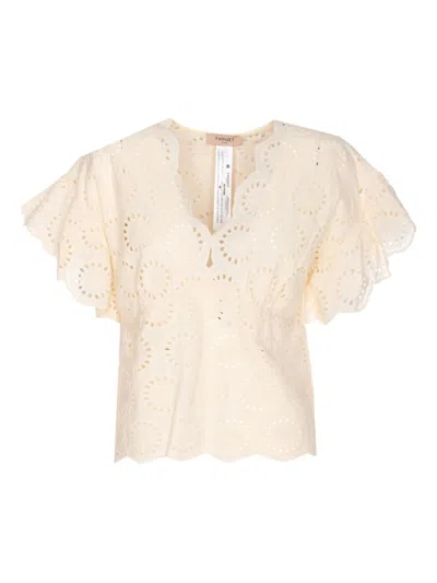 Twinset Twin-set Beige Scalloped Edge V-neck Short Sleeve Shirt
