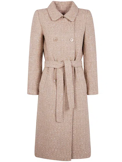 Twinset Twin-set Boucle Coat With Belt In Neutral