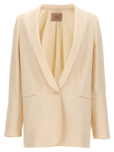 Twinset Beige Single-breasted Jacket With Shawl Neckline In Linen Blend Woman In Pink